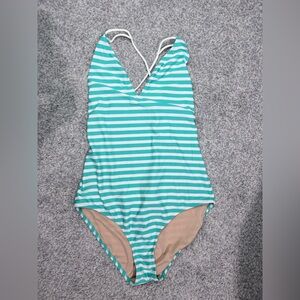 J.Crew Green & White Striped One Piece Swimsuit Rope Tie Back Size 14